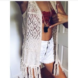 Boho pink rose fringe cardigan